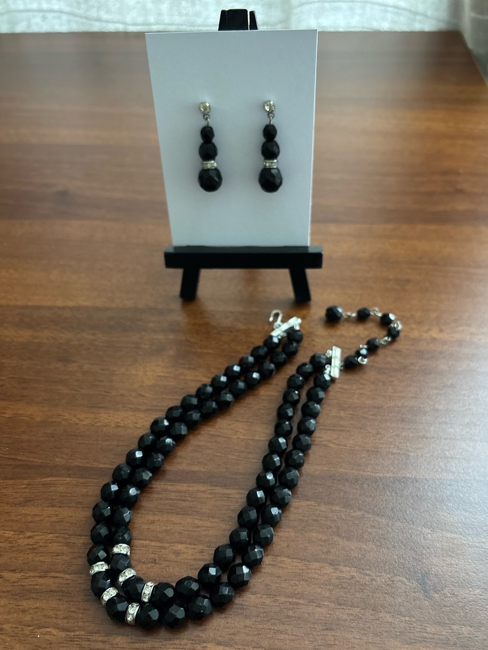 Elegant Black Faceted Bead Double Choker Necklace Sparkling Accents + Earrings